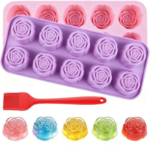 xolear 2 stycken silikonformar bakning ros 10 tråg lätt formning nonstick | Chokladform silikon med pensel, chokladform diskmaskinssäker för tårta tvål isbitar bakning dessert bakverk tårta