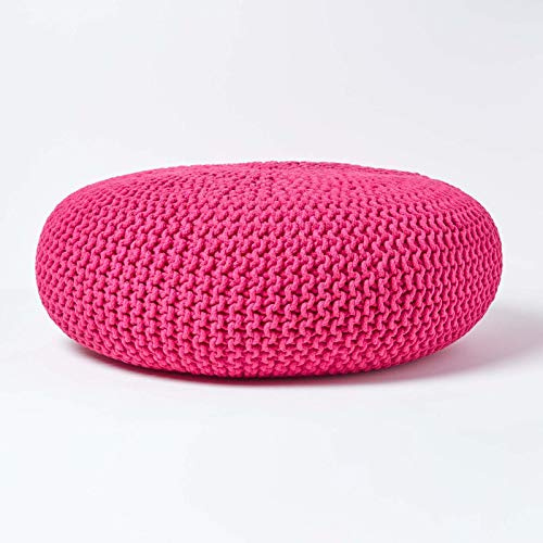 Homescapes Pouf Strickpouf rundes Bodenkissen, Sitzpouf 70 x 23 cm, gepolsterter Sitzhocker, Sitzpuff/Puff mit grob gestricktem Bezug aus 100% Baumwolle, Strickpuff, rosa/pink
