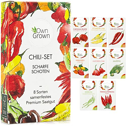 Chili Samen Set: 8 Sorten Chilisamen für Garten und Balkon – Premium Chilisortiment – Bunte und alte Pflanzen – Chili Set mit milden und scharfen Chilli Pflanzen – Chili züchten mit OwnGrown
