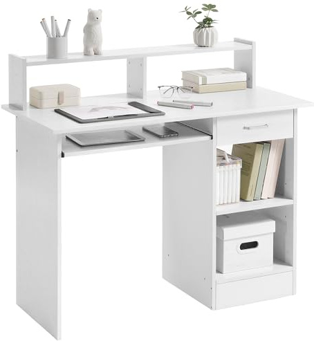 Yaheetech Bureau Blanc pour Ordinateur PC Bureau Informatique avec Porte Clavier Coulissant Tiroir et 2 étagères de Rangement Table de Bureaux pour Chambre Studio 106 x 50 x 94 cm