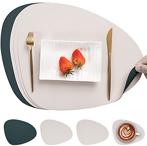 Myir JUN Placemats, Dual-Sided Placemats Waterproof Faux Leather Placemats Set of 4 Place Mats and Coasters Non-Slip Washable Table Mats for Dining Table (Beige Green, Set of 4)