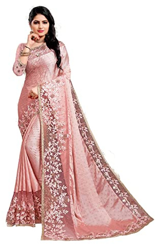 CRAFTSTRIBE Sari en soie Rangoli Rose avec motif Rangoli en tissu et travail de codage doré avec chemisier non cousu, taille unique
