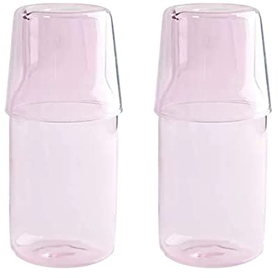 BestAlice Juego de 2 jarras de agua y vasos para mesita de noche, 17 onzas/500 ml, jarra de vidrio vintage con vaso, taza de agua de jugo de vidrio transparente para dormitorio