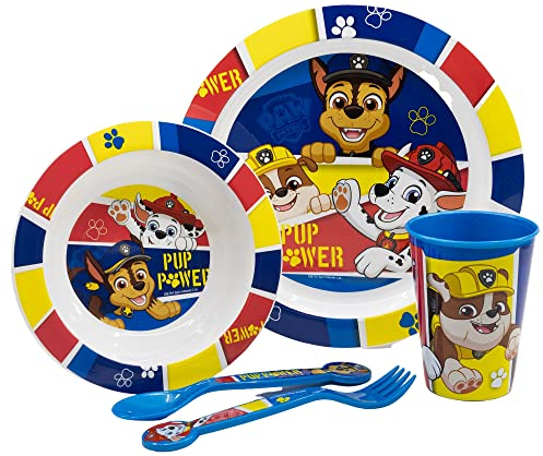 5-TEILIGES KINDERGESCHIRRSET. TELLER, SCHÜSSEL, 260ML GLAS UND BESTECK. BPA-FREI UND MIKROWELLENGEEIGNET. | PAW PATROL PUP POWER, Rot