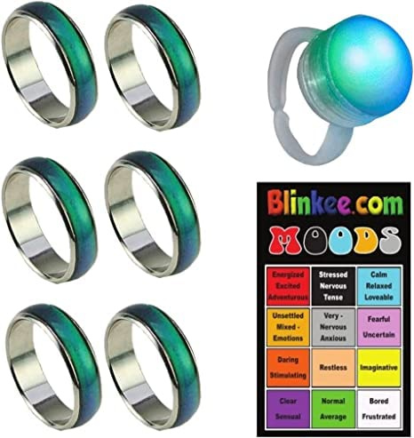blinkee 6 Pcs Color Changing Mood Ring Sizes 5, 6, 7,8, 9 and 10 with Free 1 E-Mood Ring and Chart
