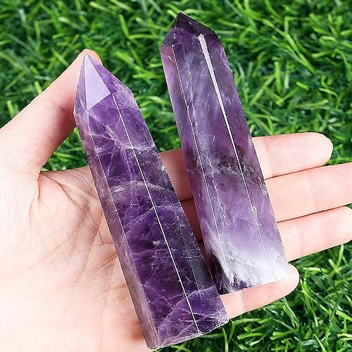 XIANNVXI 4 Groß Amethyst Turm Kristalle Edelstein Stab Kristall Steine | Edelsteine Türme Hexagonal Punkt Stäbe Natürlicher Meditation Energie Stein Spirituelle Esoterik Geschenke 9-10cm 1PC