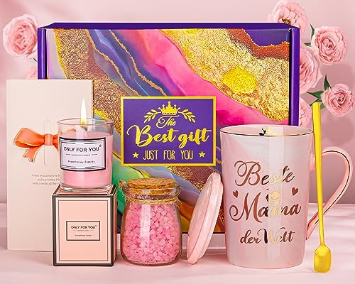 ALBISS Gåvor till mamma, rolig födelsedagspresent set, 400 ml keramisk kaffekopp, doftljus, badsalt, avslappnande spa-badset, mors dag födelsedagspresent till mamma, presentförpackning
