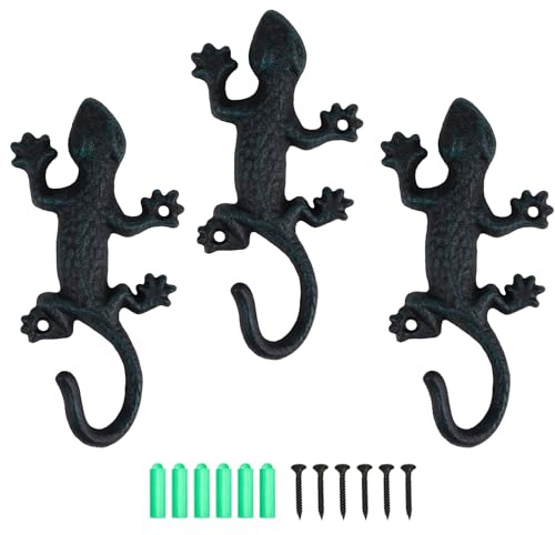 efuturetime 3 Stück Gecko Garderobenhaken Gusseisen Wandhaken Schwarz-Grün | Rustikal, mit Schrauben, Kleiderhaken Wand zum Aufhängen von Kleidung, Schlüsseln, Hüten und Taschen