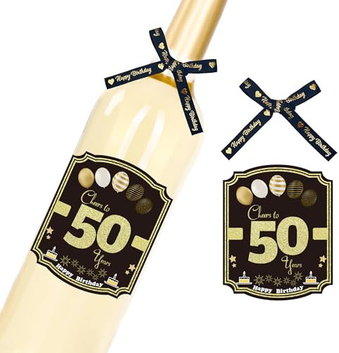 Sumerk Pack of 6 50th Birthday Bottle Labels with 6 Pcs Gift Bows Happy 50th Birthday Stickers Aufkleber 50.Geburtstag Self-Adhesive Birthday Gift for Frau Mädchen