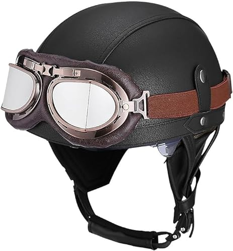Retro Motorradhelm Leder Halbhelme Moped Helm Vintage Erwachsene Halbschale Leder-Helm - ECE zertifizierter German Retro Motorcycle Leather Half Helmets Anti-Collision Helm mit Brille A,XL