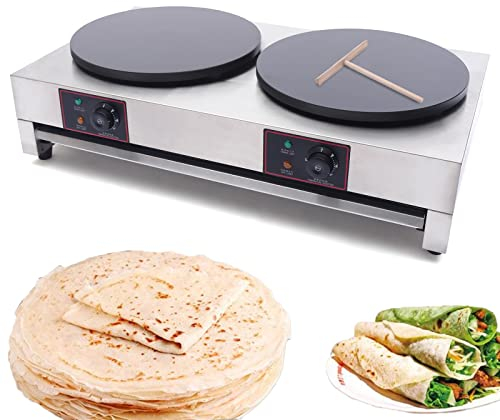 Crêpière, 110 V 3400 W 50-300 ℃/122-572 ℉ 40,6 cm Double tête électrique Circulaire pour céréales, poêle à crêpes, Plaque Plate antiadhésive Commerciale avec Outil Plat Roulant sans Prise (110 V 3,4