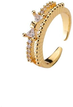 QKEPCY Krone Verstellbarer Damenring Zirkonia Schmuckring Kristallring Offener Ring Goldfarben Glänzend Elegant Schmuck