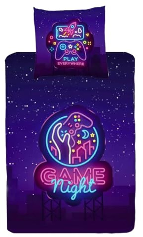 MTOnlinehandel Gaming Bettwäsche Set 135x200 + 80x80 cm, 100% Baumwolle, 3D Effekt, Reißverschluss, für Teenager, Mädchen und Jungen, Neon Gamer Merch (Gaming)