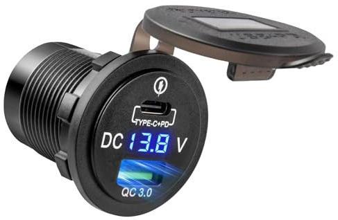 Anina 12V/24V Car Charger Outlet 36W+18W Cigarette Lighter Plug PD USB Charging Socket Reverse Protection Waterproof with Voltmeter Power Supply for Car RV ATV Boat Marine Truck Automotive Motorcycle