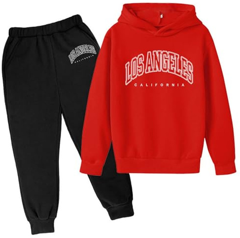 SoLu DAY8 Boys Tracksuit Set Long Sleeve Hoodie Pullover Sweatshirt and Pants Clothing Sets Child Kids Teens 2 Piece Fall Winter Casual Jogging Running Letter Printed 3-13 Years (Red, 9-10 Years)
