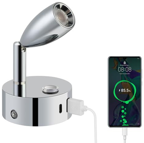 ERWEY LED Leselampe 12V Wohnmobil Touch Dimmbar 3 Farbtemperatur Modi, Wandlampe mit Ladefunktion USB A+C-Anschlüssen, DC 12V-24V Spot Innenbeleuchtung für Boot Auto Camper Van Yacht, Silber