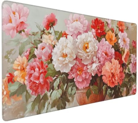 Gaming Mauspad XXL Blume Mousepad 1000x500x4mm Pfingstrose Verlängertes Mauspad Schreibtischauflage,Genähte Kanten Mauspad,Verbessert Präzision Geschwindigkeit Wasserdicht Geeignet für Büro und Spiele