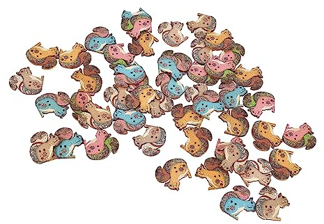 Cartoon-Eichhörnchen, Bär, Fuchs, Tannenzapfen, Igel, Waldtiere, Serie Holzknöpfe (Eichhörnchen-Stil, 50 Stück)