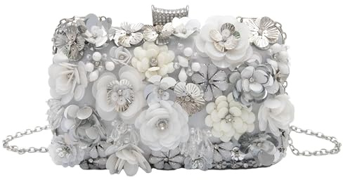 lapulio Blumen-Abendtasche für Damen – Perlen-Clutch mit Pailletten & Strass, elegante Handtasche für Hochzeit und Party mit Ketten
