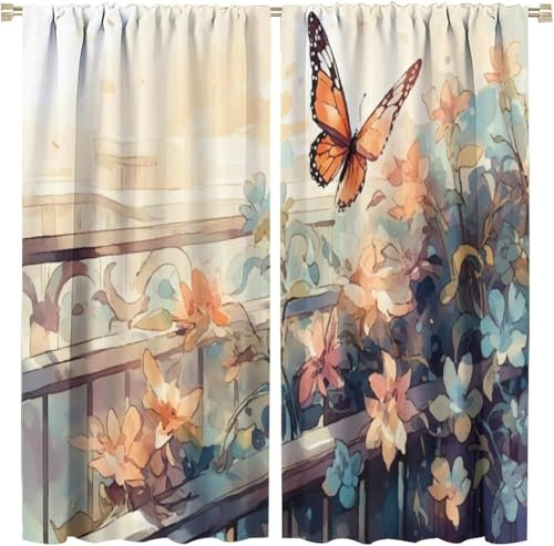 Vorhang Kinderzimmer Blumentier Schmetterling Kinder Vorhänge Mit Ösen Polyester Gardinen Thermovorhang Blickdicht Ösenschal Kindergardinen 220X215 cm (B + H) Für Wohnzimmer,2Er Set-940065154