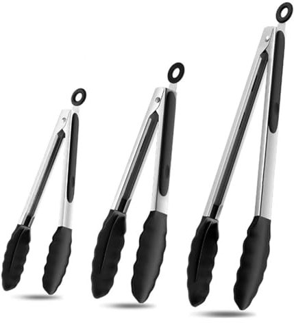 TTSTOIEE Grillzange Set 3-teilig (21/27/34 cm) aus Edelstahl & Silikon - Küchenzange, GHitzebeständig & Rutschfest für Küche & Airfryer - Zange Küche, Kochzange, Fleischzange, Grillzange