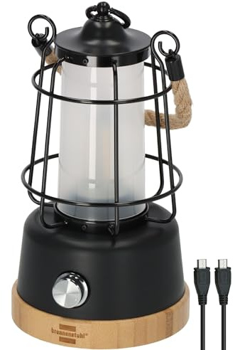 Brennenstuhl LED Akku Campinglampe CAL 1 AC (350lm, IP44, bis zu 75h Leuchtdauer, stufenlos dimmbar, Farbtemperatur einstellbar, wiederaufladbare USB C Outdoor Lampe mit Hanfseil und Bambussockel)