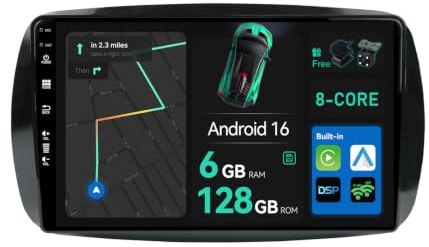 BXLIYER - [6G+128G, Octa-Core] - Android 16 Autoradio Per Mercedes-Benz Smart 453 Fortwo (2014-2020) Radio GPS Navigation - CarPlay Android Auto - Camera & MIC - DAB Volante 360-CAM - 9 Pollice 2 Din