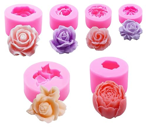 6 Stücke 3D Silikonform Blumen, Bloom Rose Form Silikonformen Kerzenhalter für Seife Rose Blumenform Kerzenform Kerzen Silicone Formen Gießformen für Kuchen Dekoration DIY Handwerk