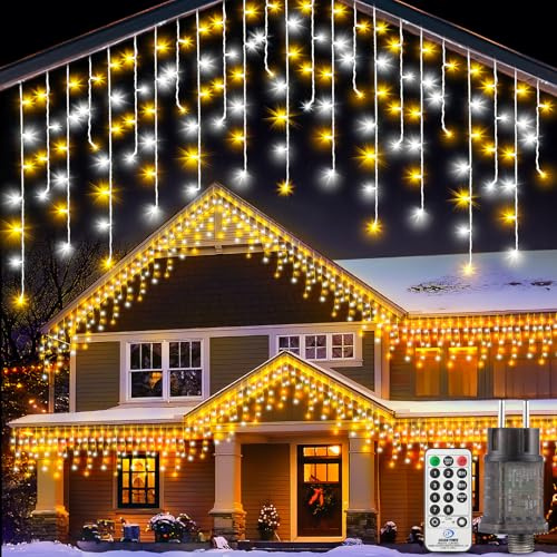 LaiTeny Led Eisregen Lichterkette Außen 10m - Lichtervorhang Aussen Warmweiß Outdoor Weihnachtsbeleuchtung mit Fernbedienung 8 Modi Timer Wasserdicht Lichterketten für Weihnachten Balkon Haus