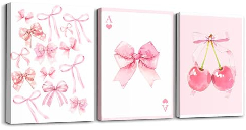 Homewish Bild Auf Leinwand Rosa Schleifen Wandbilder Wohnzimmer Moderne Trendige Rosa Kirsch Leinwandbilder Ästhetische Schleife Bilder Bowknot Bild für Schlafzimmer Büro Flur Küche 40x30cmx3Pcs