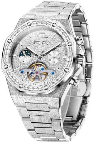 OLEVS Montre Homme Automatique Tourbillon Diamant Luxe Dresswatch Cadran Blanc Acier Inoxydable Étanche Lumineuse Montre