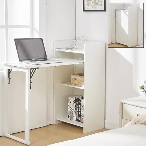 Schreibtisch Klappbar mit Stauraum, Versteckter Schreibtisch mit 3 Schubladen und Eingebauter Steckdose Wandklapptisch Computertisch Klappschreibtisch, Bürotisch für Kleine Räume 94 x 85 x 24 cm