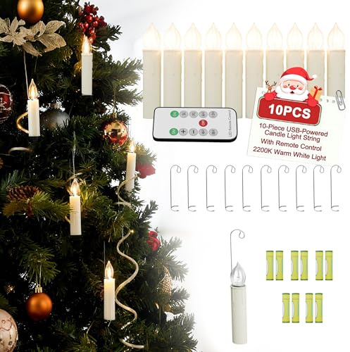 UISEBRT Kabellose LED Christbaumkerzen, Schwebende Kerzen Weihnachtsbaumbeleuchtung mit Fernbedienung und Timer,Weihnachtskerzen für Halloween Weihnachten Hochzeit Party, 10er Set mit Batterien