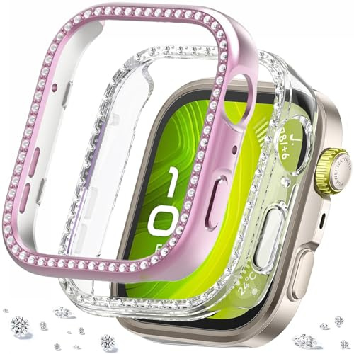 DEALELE [2-pack] klockfodral kompatibelt med Huawei Watch FIT 4 Pro, glitter strass diamant PC skyddande hölje hölje ersättning klockor skyddskåpa tillbehör för män kvinnor (rosa + transparent)