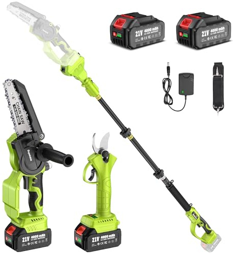 Supstable Mini Motosierra Telescopica 6 Pulgadas & Tijeras de Podar Eléctricas 33mm, 4 en 1 Kit de Herramientas con 8000 mAh Baterías, Alcance hasta 4,8 m, Tensión y Cambio de Cadena sin Herramientas