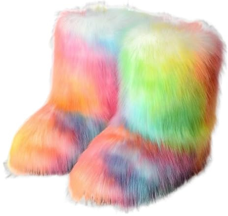 ENEN Botte en Fausse Fourrure pour Femmes, Bottes de Neige en Fausse Femme Hiver Chaude Confortable pour Extérieur et Intérieur par Temps Froid (Arc-en-ciel,38)