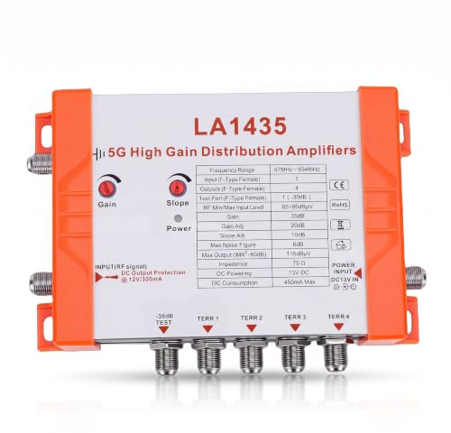 Bewinner Amplificador de Distribución de TV de 4 Vías de Alta Ganancia con Filtro 5G LTE, Ganancia de 35 DB para Varios Televisores, 1 Entrada y 4 Salidas Tipo F, Compatible con RED (Enchufe de la UE)