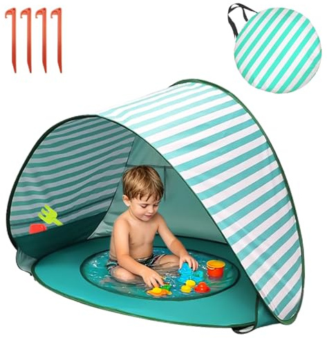 Strandmuschel Baby Pop Up Strandzelt, Baby Strand Zelt mit Mini Pool, Tragbarer Automatisches Windschutz Wurfzelt mit Tragetasche und Heringe für Kleinkinder Picknick Garten Strandmuschel, Grün