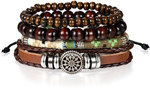 JewelryWe Lederarmband Herren Damen WICKELARMBAND: Retro Sonnenblume Kugel Perlenarmband Mehrschichtig Leder Seil geflochten Armband Armreif Surfer Surferarmband Verstellbare Größe Braun