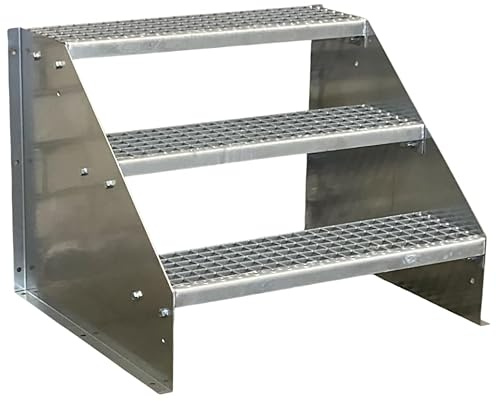 SRM Design 3 Stufen Standtreppe Stahltreppe Wangentreppe Gitterrosttreppe freistehend Breite 100cm Höhe 63cm Verzinkt/Robuste Außentreppe/Stabile Industrietreppe für den Außenbereich