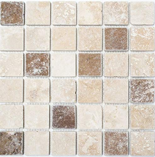 Piastrelle a mosaico Travertin pietra naturale beige marrone Chiaro + Noche Travertin MOS43-1216