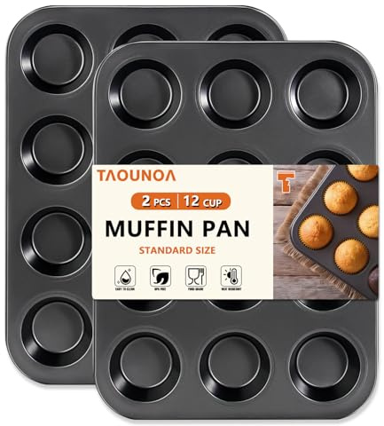 TAOUNOA Muffin Tin, 12-Well Nonstick Cupcake Pan Set of 2, Heavy Duty Steel Muffin Pan