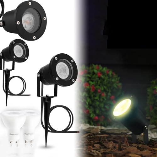 Lumiled LED Gartenstrahler 2er Set 6W 3000K Warmweiß IP65 Wasserdicht Spike Gartenleuchte GU10 Strahler außen mit Erdspieß schwenkbar Schwarz Wegeleuchten Baumbeleuchtung Gartenlichter Reflektor