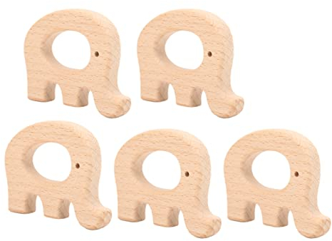 5 Stück Holz Beißring Spielzeug, Holz Kinderkrankheiten Schmerzlinderung Kinderkrankheiten Spielzeug für Babys Kinderkrankheiten DIY Halskette und Armreifen(Elefant)