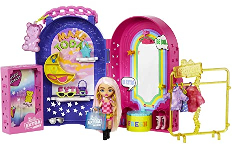 Barbie Extra Minis Boutique Set de Juego portátil con muñeca pequeña y Accesorios y Looks de Moda, Juguete +3 años (Mattel HHN15)