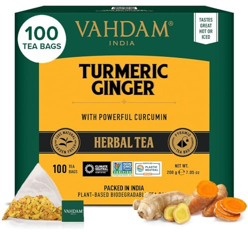 VAHDAM, Turmeric Ginger Tisane (100 Sachets De Thé Pyramid) Sans Caféine | 100% Pur Et Naturel, Curcuma & Épices Fraîches | Directement De La Source En Inde | Infusion Chaude/Glacée