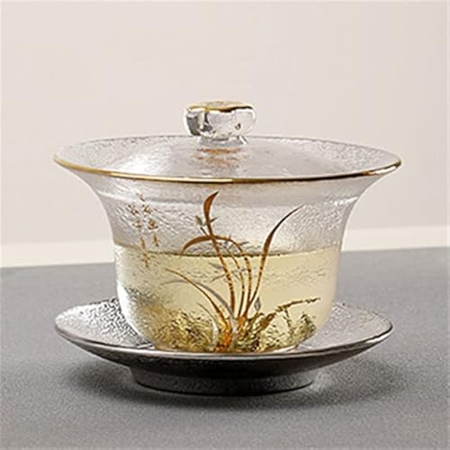 VIXDA Sopera de té de Vidrio Resistente al Calor, Juego de Tazas de té kungfú Chino, Gran Contorno en Tetera Dorada, tazón de té con Flores Doradas Gaiwan