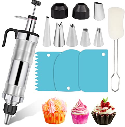 Dessert Decorating Syringe Set Frosting Piping Kit Stainless Steels Cake Decorating Tool 6 Russian Piping Icing Nozzles Cream Scraper Cupcake Frosting Filling Injector Cake Icing Tools