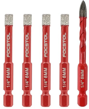 FOCSTOL Juego Brocas Diamante Seco - 4 piezas 6mm Corona Diamante & 1 pieza 6mm Taladro Carburo con Cambio Rápido Vástago Hexagonal para Cerámica Porcelanato Mármol Granito