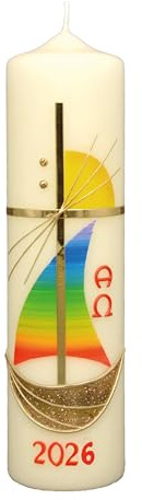 Osterkerze Segelboot, Kreuz Gold, Sonne, A und O, Jahreszahl 270 x Ø 70 mm
